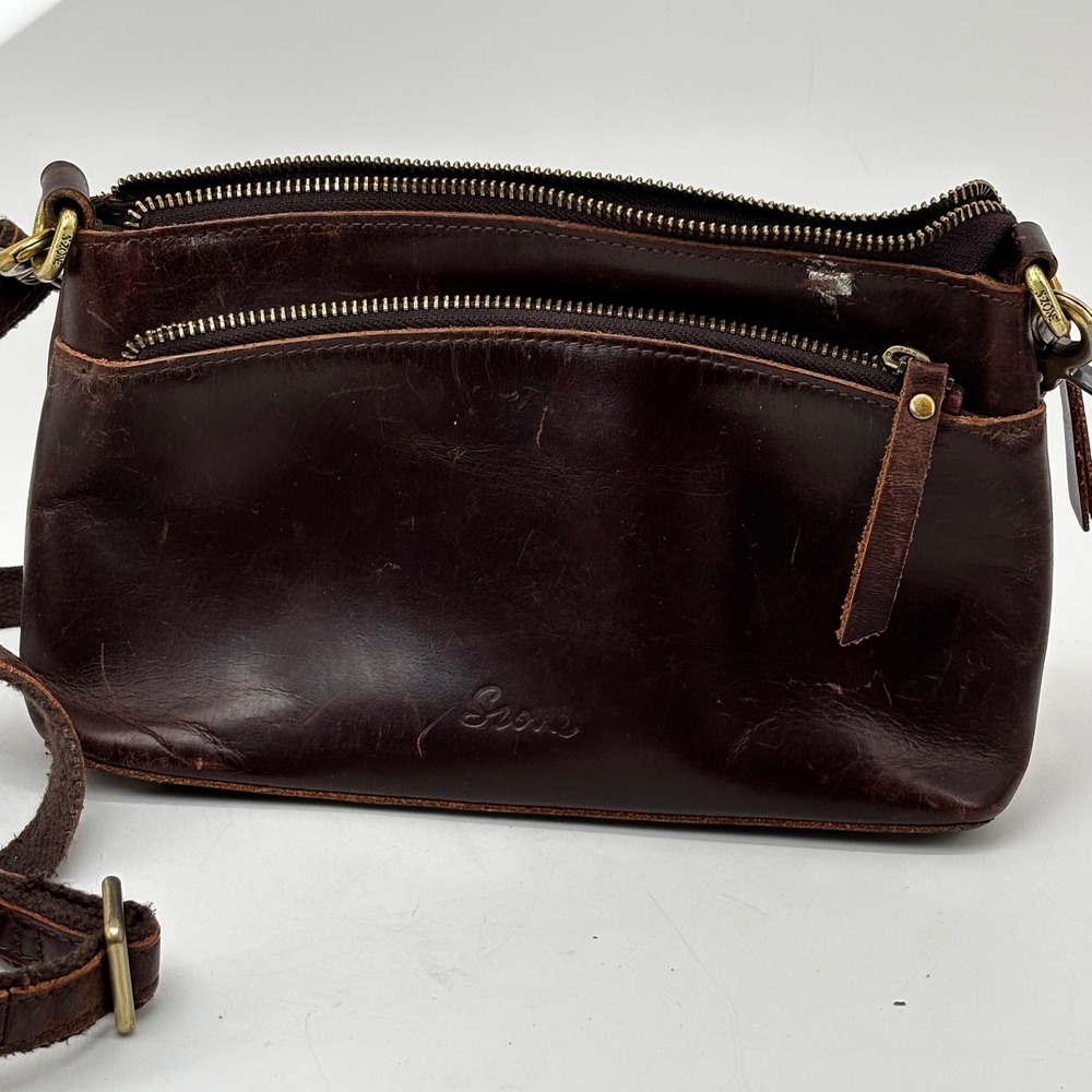 S-ZONE Dark Brown Leather Crossbody Bag Small Multi-Zip Vtg DistressedPurseY2K90